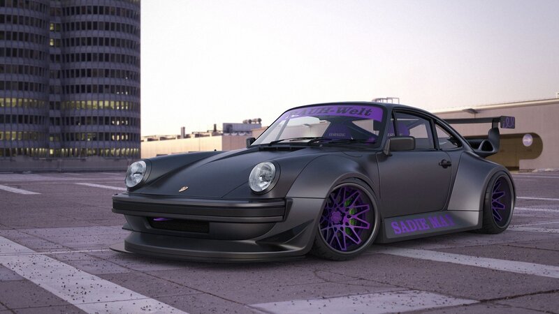 Matte black Porsche with purple accents