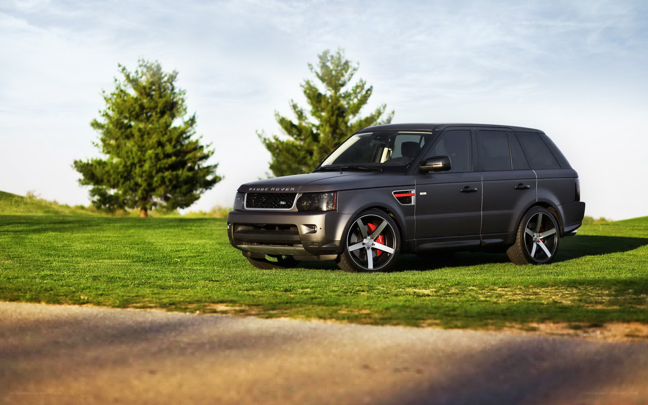 Matte black Range Rover parked on grass