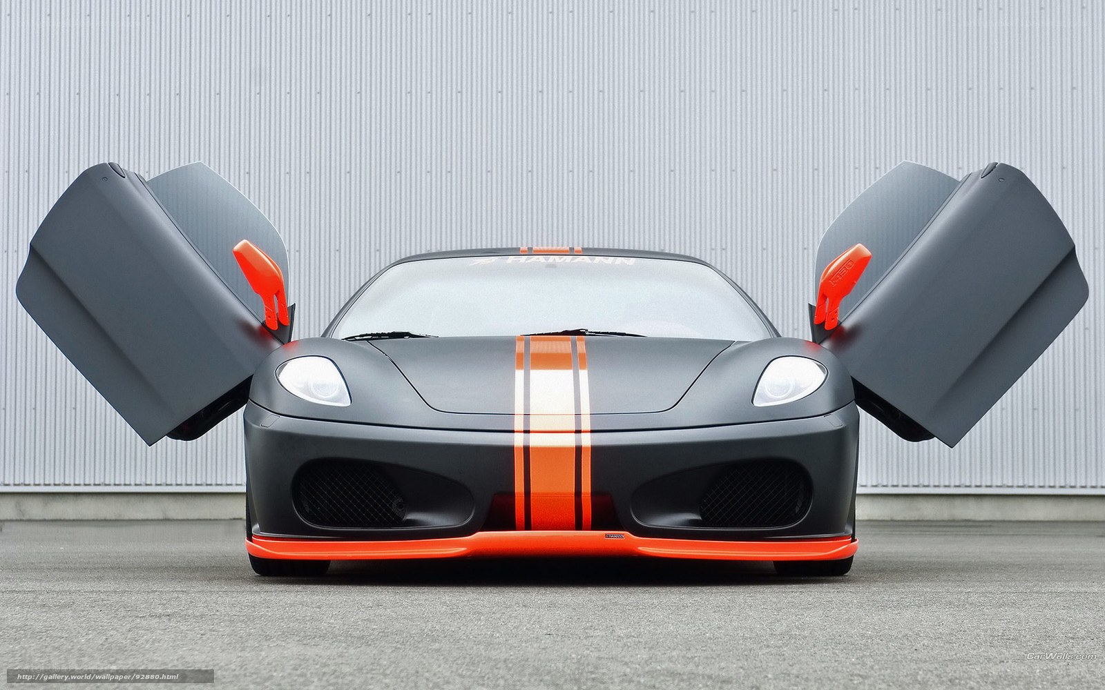 Matte black sports car with orange accents