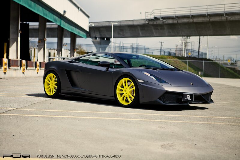 Matte Gray Lamborghini — Dramatic, Afternoon, Photograph, Yellow Wheels, Overpass
