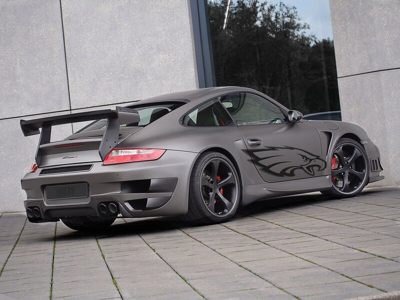 Matte gray Porsche with eagle decal