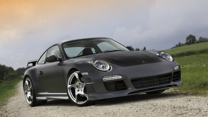 Matte Gray Sports Car — Dramatic, Sunset