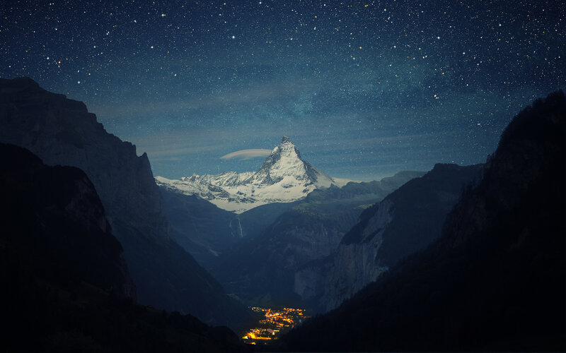Matterhorn Mountain at Night — Blue, Serene, Photograph, Stars, Valley