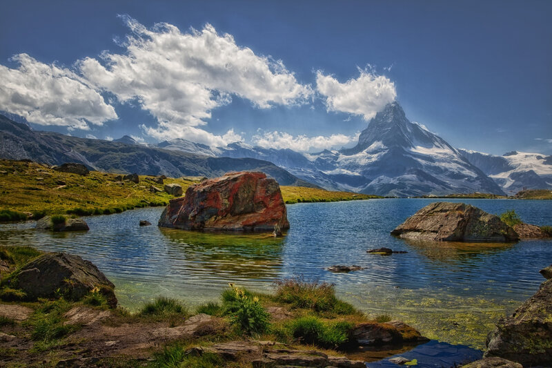 Matterhorn Mountain — Blue, Dramatic, Afternoon, Photograph, Lake
