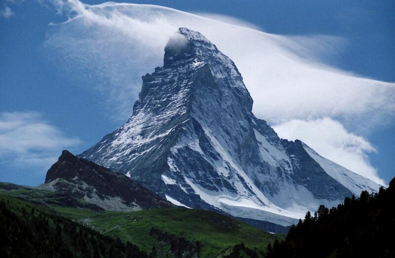 Matterhorn Mountain — Blue, Dramatic, Afternoon, Photograph, Snow, Clouds, Trees