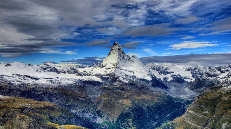 Matterhorn Mountain — Blue, Dramatic, Afternoon, Photograph, Snow, Clouds, Valley
