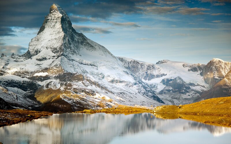Matterhorn Mountain — Blue, Dramatic, Afternoon, Photograph, Snow, Lake, Clouds