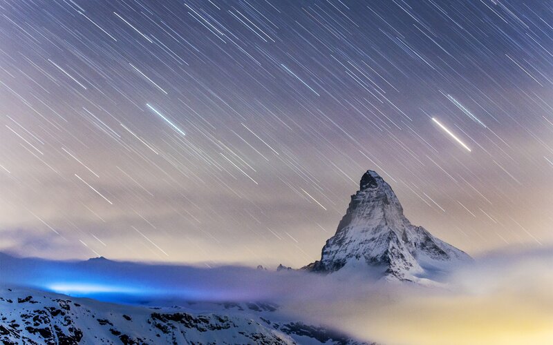Matterhorn Mountain — Blue, Dramatic, Night, Photograph, Star Trails