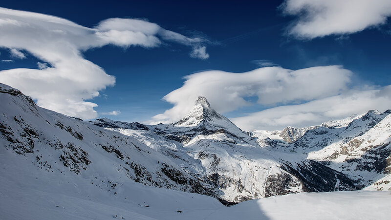 Matterhorn Mountain — Blue, Dramatic, Winter, Photograph, Snow, Clouds