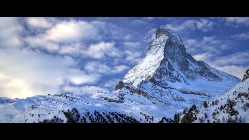 Matterhorn Mountain — Blue, Dramatic, Winter, Photograph, Snow, Clouds, Trees