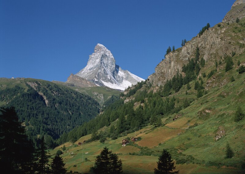 Matterhorn Mountain — Blue, Serene, Afternoon, Photograph, Forest, Huts