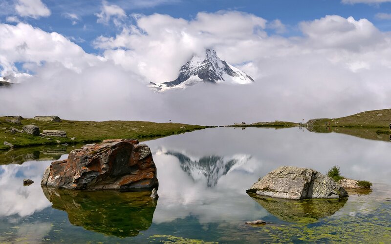 Matterhorn Mountain — Blue, Serene, Afternoon, Photograph, Lake, Clouds