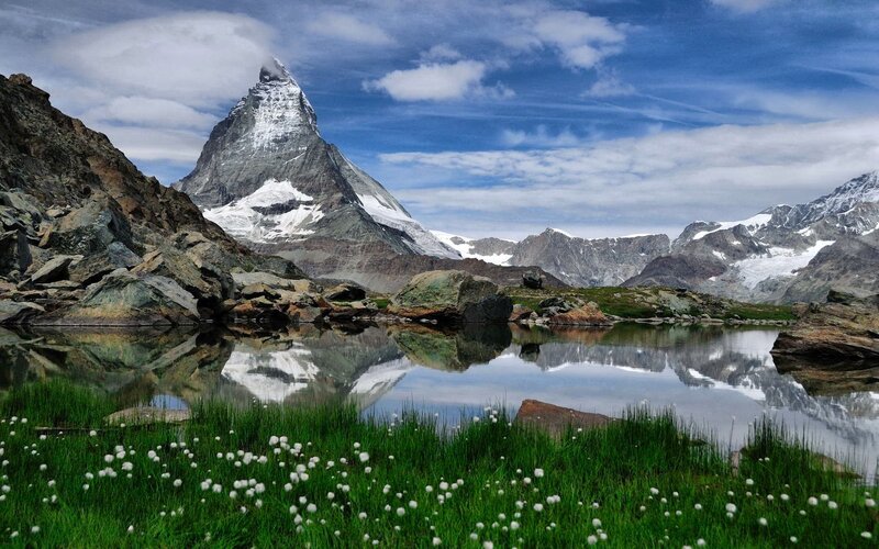 Matterhorn Mountain — Blue, Serene, Afternoon, Photograph, Lake, Grass, Clouds
