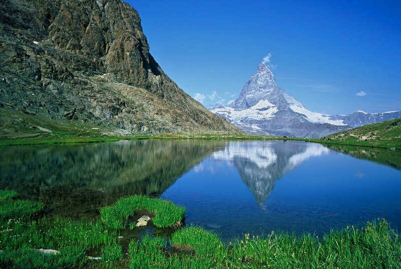 Matterhorn Mountain — Blue, Serene, Afternoon, Photograph, Lake, Grass