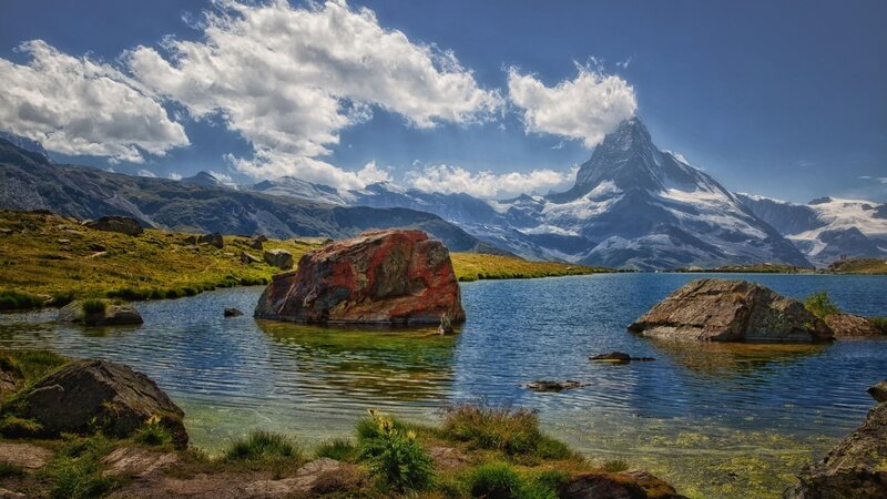 Matterhorn Mountain — Blue, Serene, Afternoon, Photograph, Lake, Rock, Clouds