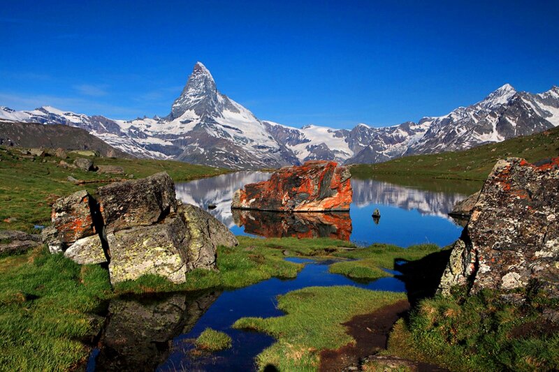 Matterhorn Mountain — Blue, Serene, Afternoon, Photograph, Lake, Rock, Grass