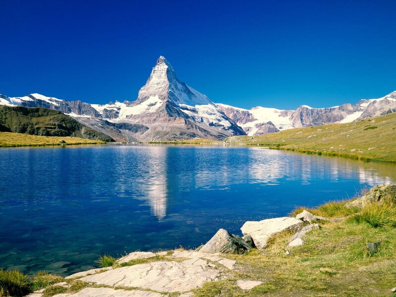Matterhorn Mountain — Blue, Serene, Afternoon, Photograph, Lake, Snow, Grass