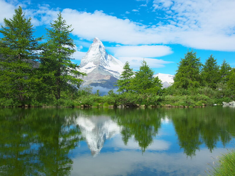 Matterhorn Mountain — Blue, Serene, Afternoon, Photograph, Lake, Trees, Clouds