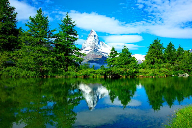 Matterhorn Mountain — Blue, Serene, Afternoon, Photograph, Lake, Trees, Snow