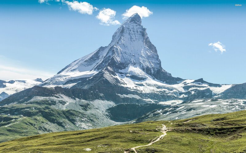 Matterhorn Mountain — Blue, Serene, Afternoon, Photograph, Snow, Grass
