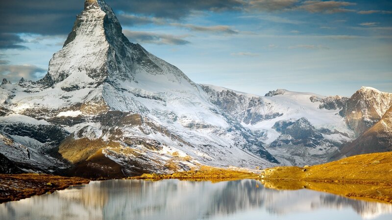 Matterhorn Mountain — Blue, Serene, Afternoon, Photograph, Snow, Lake, Mountains