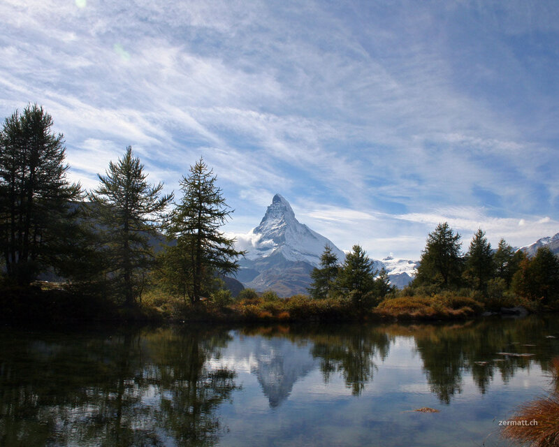 Matterhorn Mountain — Blue, Serene, Autumn, Photograph, Lake, Trees, Sky, Green