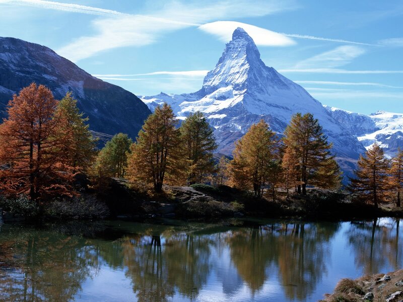 Matterhorn Mountain — Blue, Serene, Autumn, Photograph, Lake, Trees, Snow