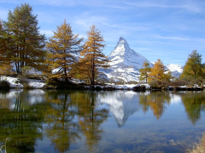 Matterhorn Mountain — Blue, Serene, Autumn, Photograph, Lake, Trees
