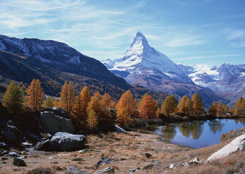 Matterhorn Mountain — Blue, Serene, Autumn, Photograph, Trees, Lake, Orange
