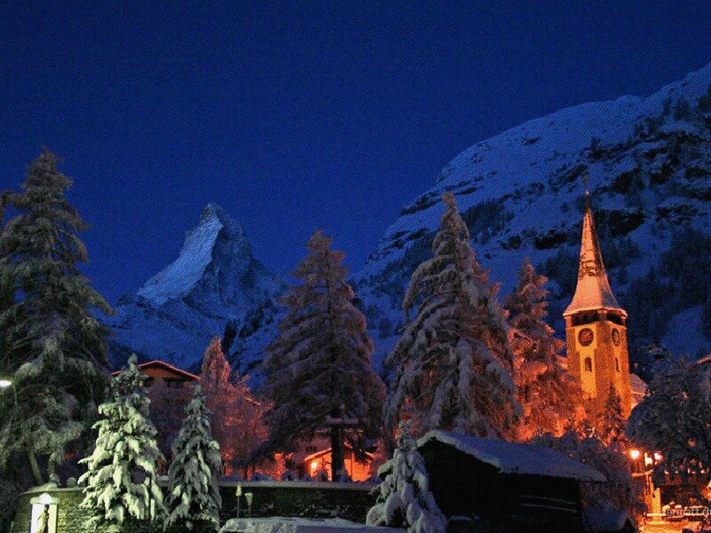 Matterhorn Mountain — Blue, Serene, Night, Photograph, Church