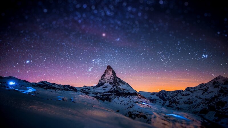 Matterhorn Mountain — Blue, Serene, Night, Photograph, Snow, Stars, Mountains