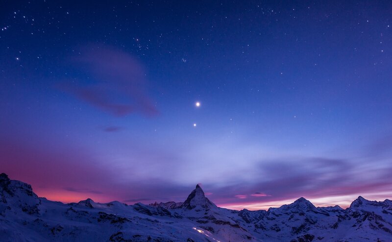 Matterhorn Mountain — Blue, Serene, Night, Photograph, Stars, Snow, Clouds