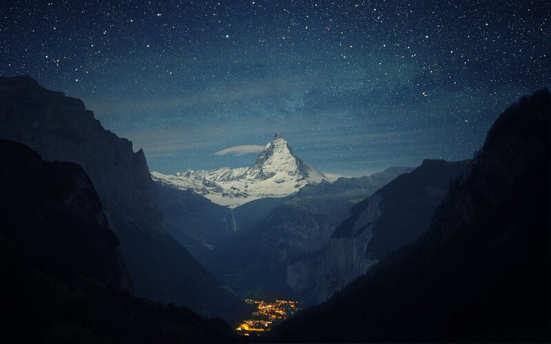 Matterhorn Mountain — Blue, Serene, Night, Photograph, Stars, Valley