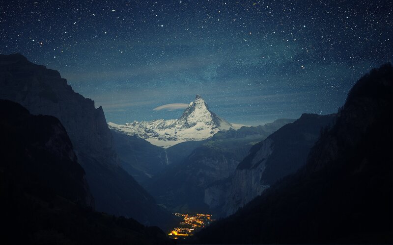 Matterhorn Mountain — Blue, Serene, Night, Photograph, Village