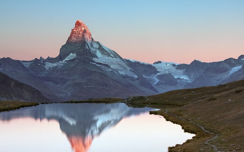 Matterhorn Mountain — Blue, Serene, Sunset, Photograph, Lake, Reflection, Pink