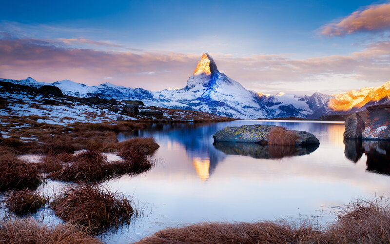 Matterhorn Mountain — Blue, Serene, Sunset, Photograph, Snow-capped Peaks