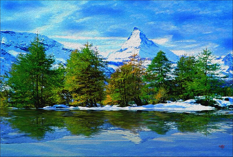Matterhorn Mountain — Blue, Serene, Winter, Painting