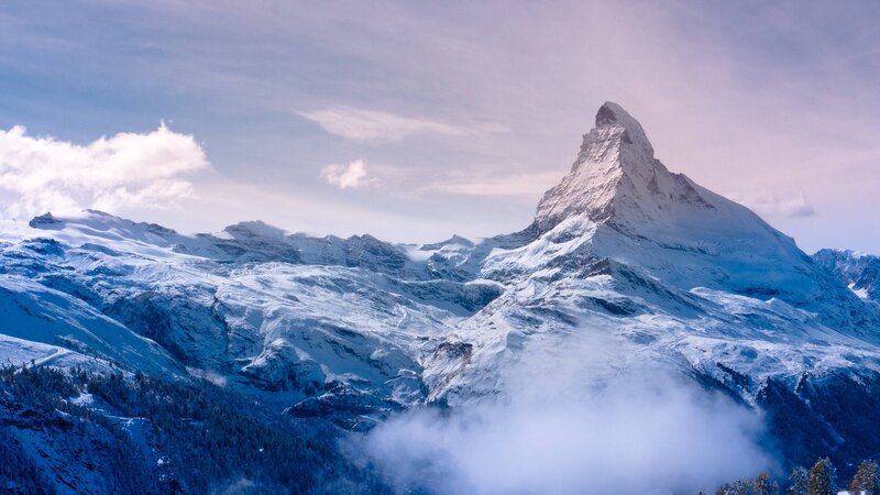 Matterhorn Mountain — Blue, Serene, Winter, Photograph, Snow, Clouds