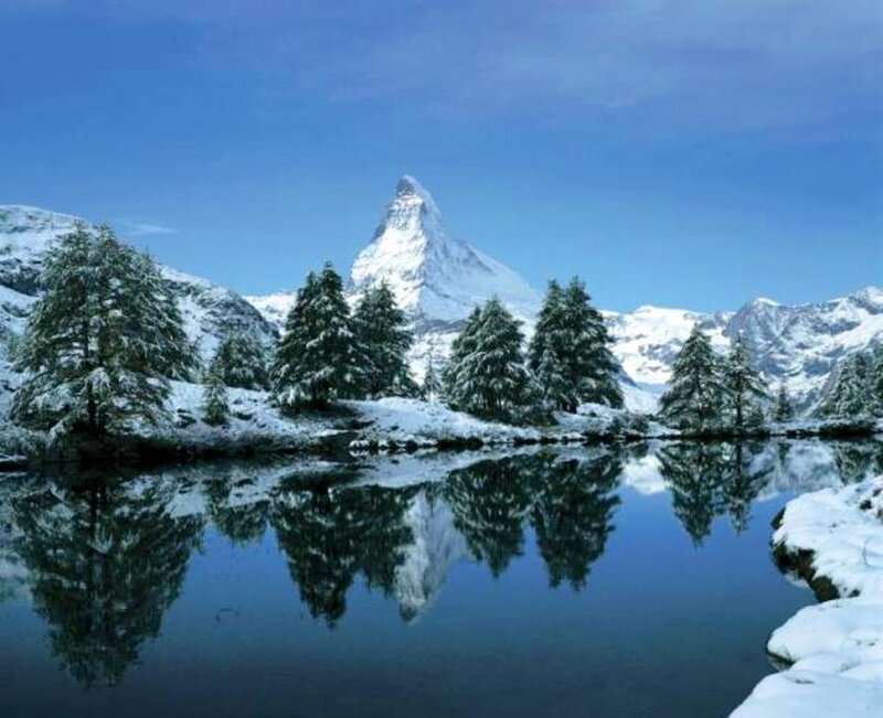 Matterhorn Mountain — Blue, Serene, Winter, Photograph, Snow-covered Trees