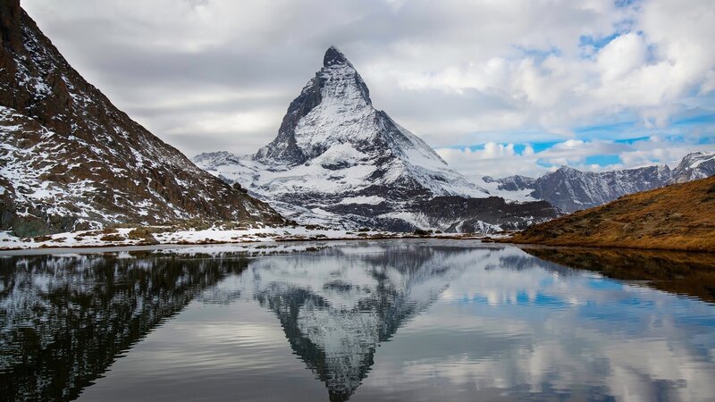 Matterhorn Mountain — Blue, Serene, Winter, Photograph, Snow, Lake, Clouds