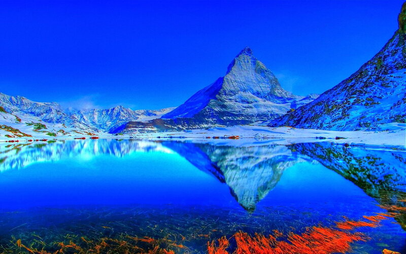 Matterhorn Mountain — Blue, Serene, Winter, Photograph, Snow, Lake