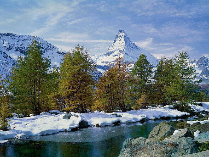 Matterhorn Mountain — Blue, Serene, Winter, Photograph, Snow, Trees, River