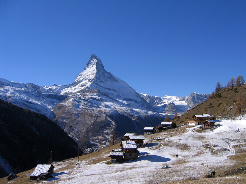 Matterhorn Mountain — Blue, Serene, Winter, Photograph, Village