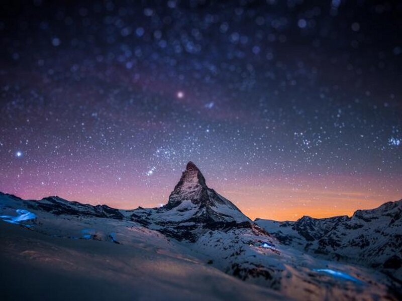 Matterhorn Mountain — Purple, Serene, Night, Photograph, Snow, Stars, Blue