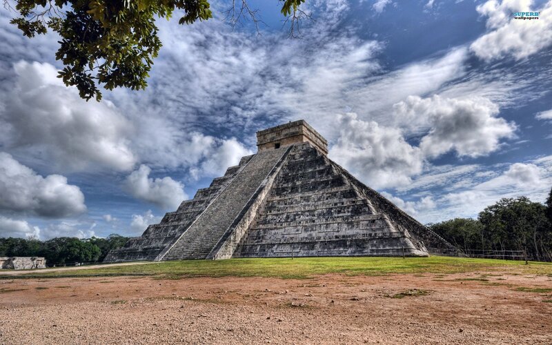 Mayan Pyramid at Chichen Itza — Blue, Dramatic, Afternoon, Photograph, Clouds, Trees