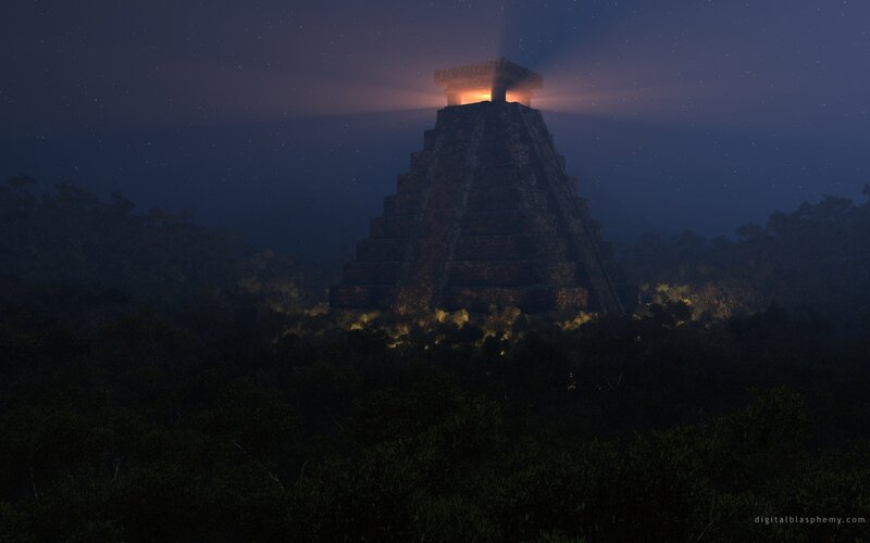 Mayan pyramid at night