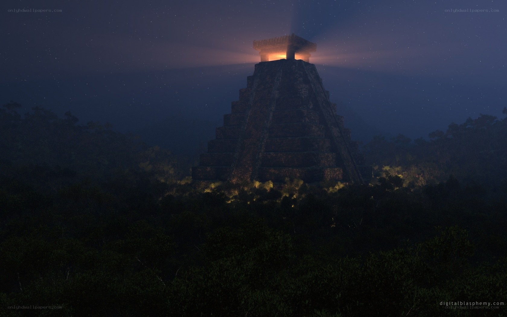 Mayan pyramid at night