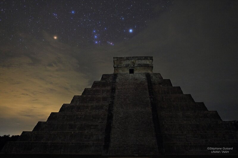 Mayan Pyramid at Night — Black, Dramatic, Photograph, Stars