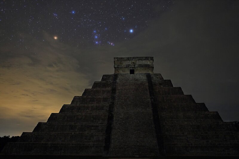 Mayan Pyramid at Night — Black, Dramatic, Photograph