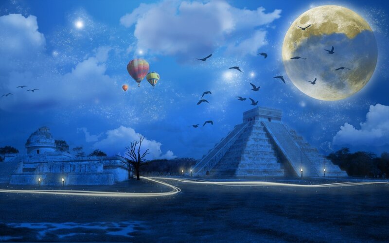 Mayan Pyramid at Night — Blue, Dreamy